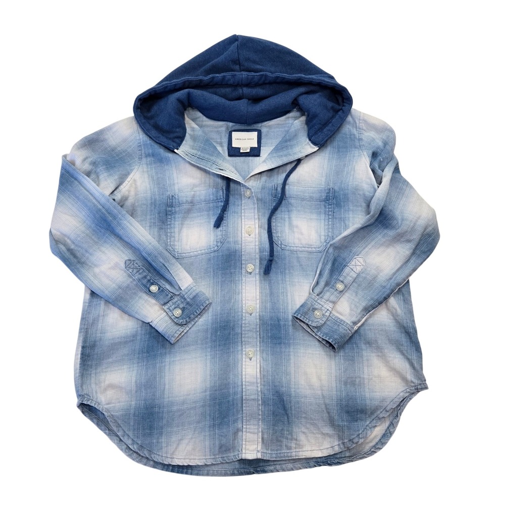 American Eagle Blue Plaid Hooded Button Down Shirt Womens XS 90s Grunge Skater